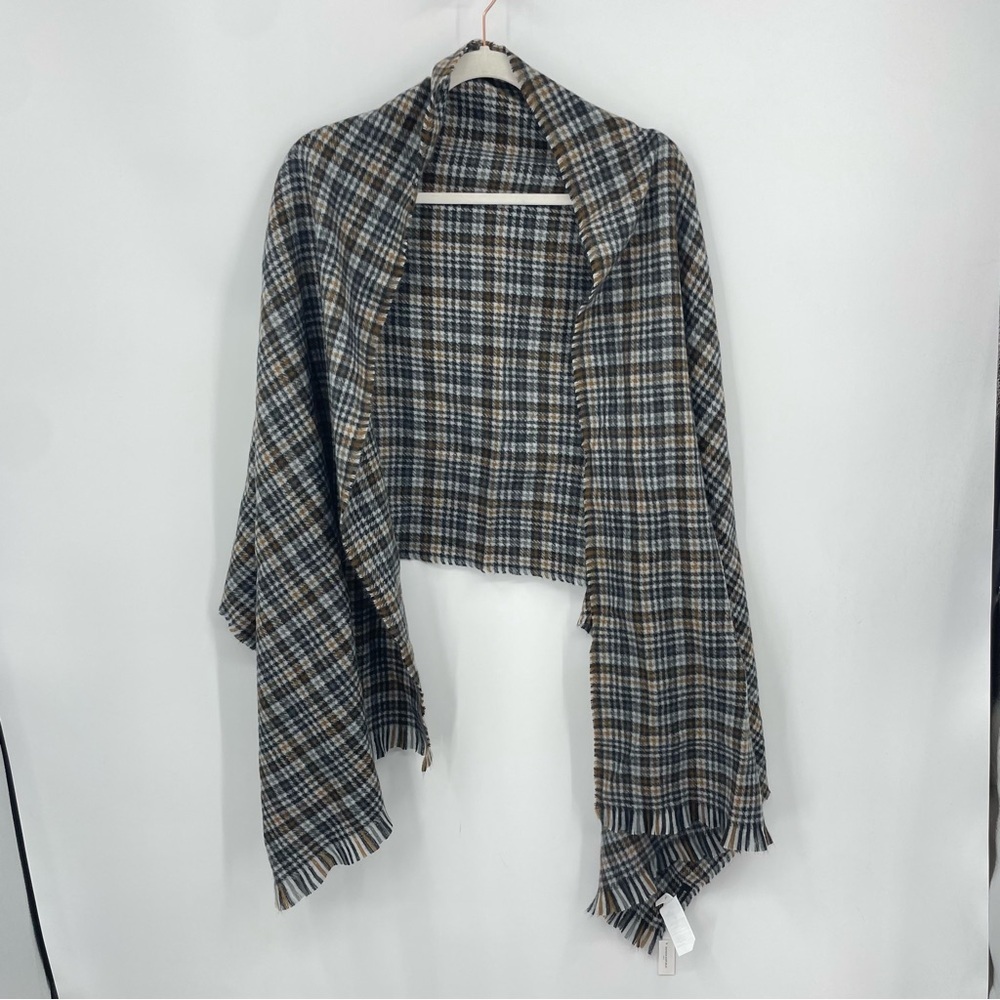 NWT Banana Republic, Wool Blend Fringed Checked blanket Scarf black brown gray‎